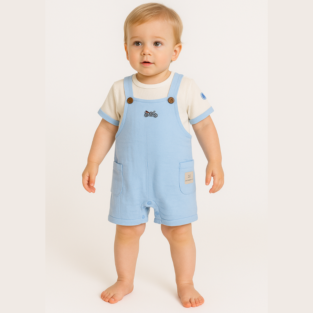 Chocolate Baby-Cotton Knit Dungaree & Half Sleeves T-Shirt With Bike Print & Embroidery - Blue & White