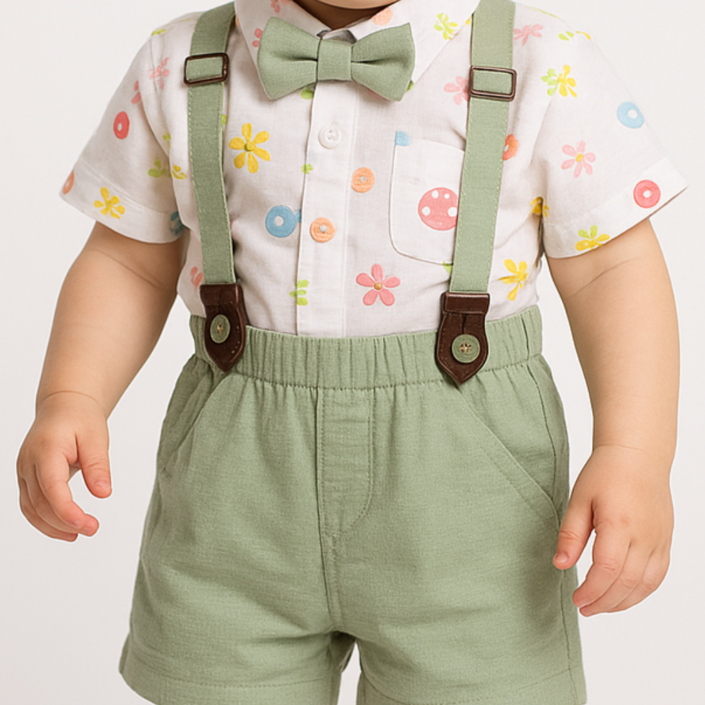 Chocolate Baby- Cotton Knit Pastel floral shirt with sage green shorts, matching bow tie & suspenders Set