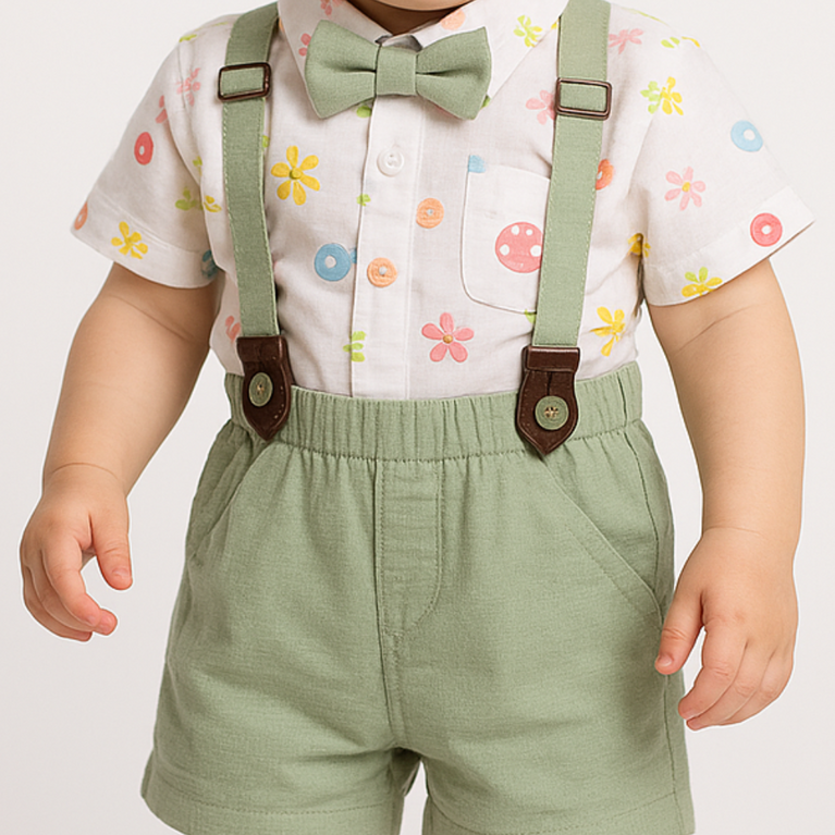 Chocolate Baby- Cotton Knit Pastel floral shirt with sage green shorts, matching bow tie & suspenders Set