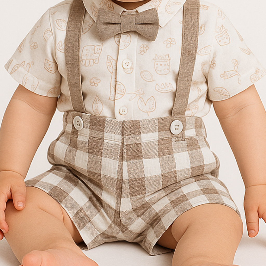 Chocolate Baby- Cotton Knit Print Shirt with Checkered Shorts, Bow Tie & Suspenders Set
