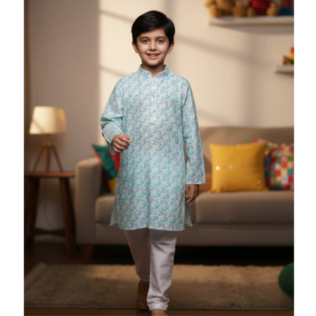 NINOS Boys Light Aqua Blue Abstract Print Kurta Pajama Set with Sequins – Festive & Casual Ethnic Wear