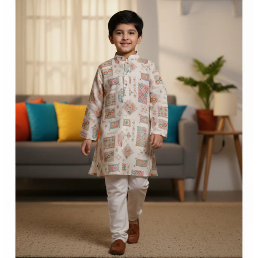 NINOS Boys Off-White Multi-Color Printed Kurta Pajama Set – Festive & Ethnic Wear for Kids