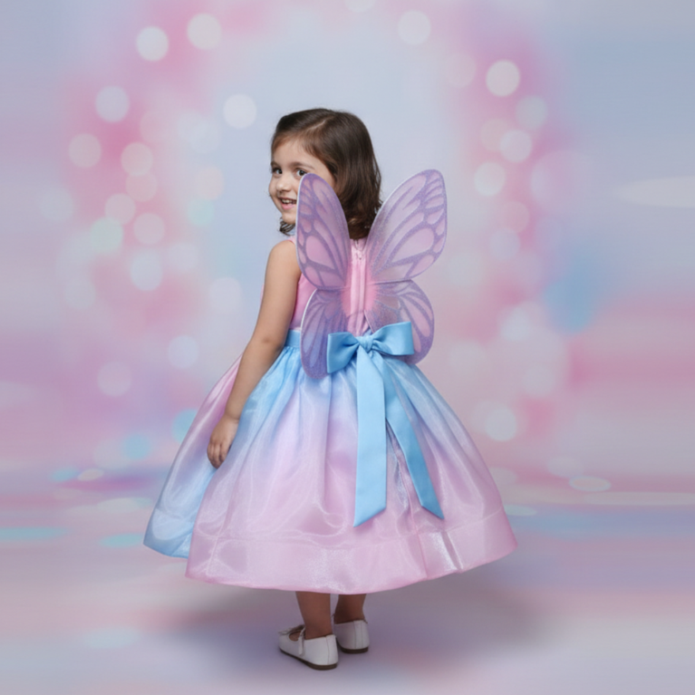 Pastel Fairy Princess Dress with Butterfly Wings for Baby Girls – Birthday Party & Photoshoot Gown