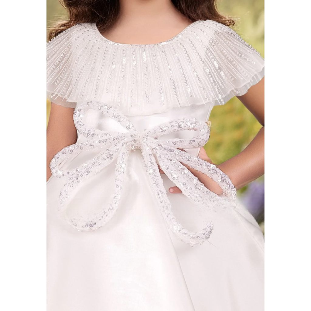 White Beads and Sequins work Kaftan Styled Long Party Frock for Girls