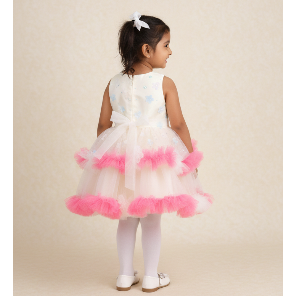 Girls' Enchanting Cream Tulle Party Dress with Vibrant Pink Ruffled Tiers and Floral Accents