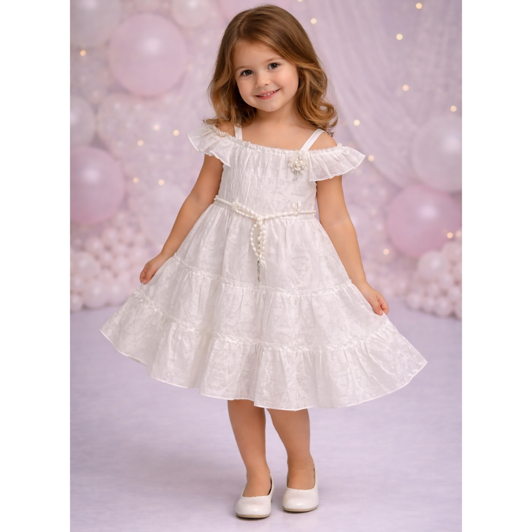 Toddler Girls' Ruffled Party frock – Cold-Shoulder Tiered Dress with Pearl Belt & Rhinestone Brooch