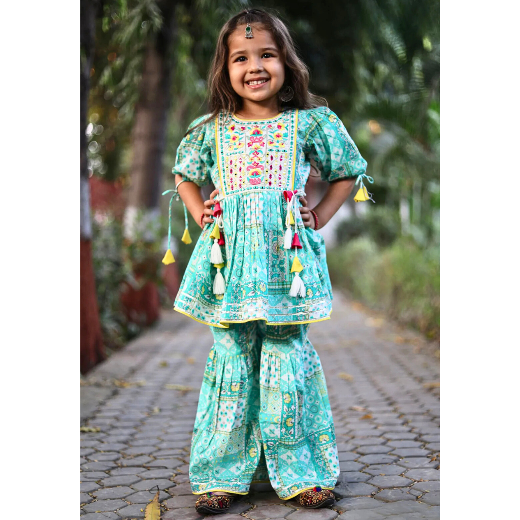 Krazy Girls Embroidery and Mirror work with Digital Print Peplum Top and Sharara Set
