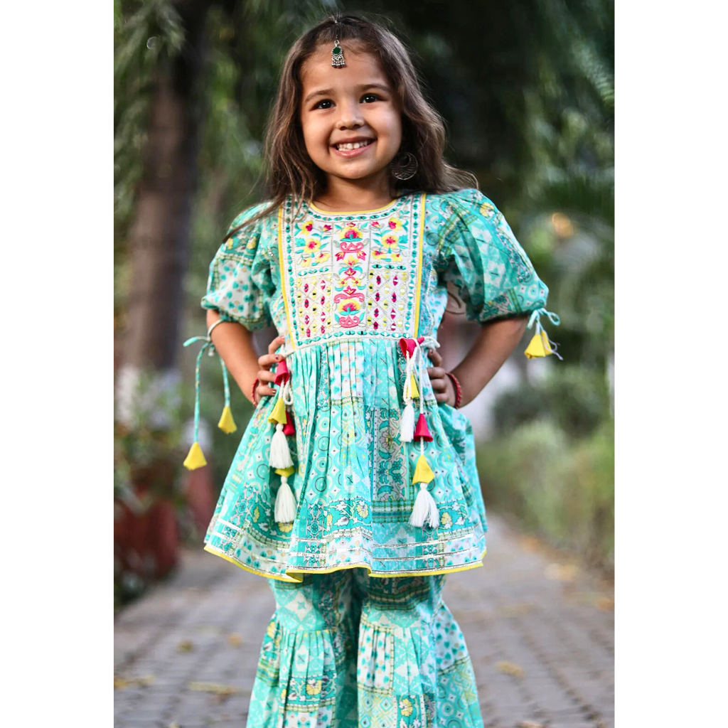 Krazy Girls Embroidery and Mirror work with Digital Print Peplum Top and Sharara Set