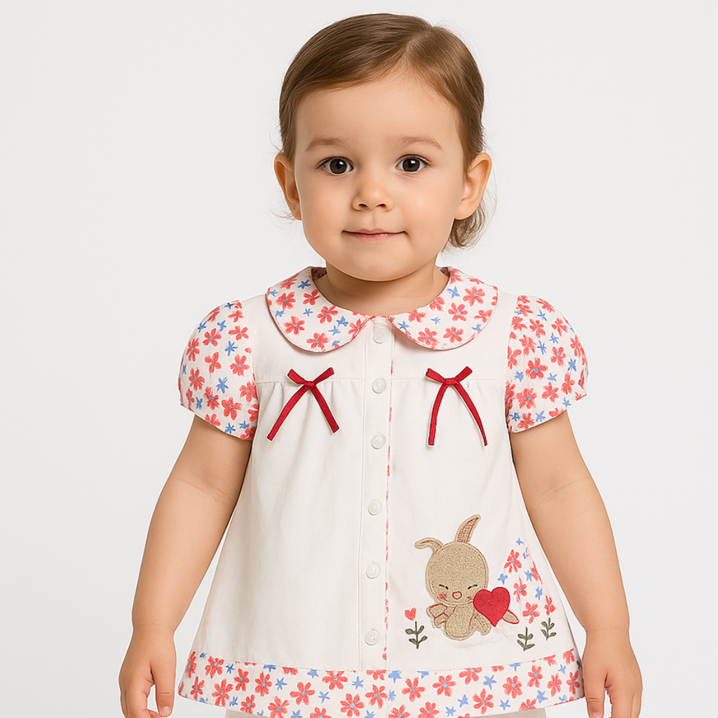 Ninos- Cotton Woven Half Puffed Sleeves Frock with Floral Print & Cartoon Applique