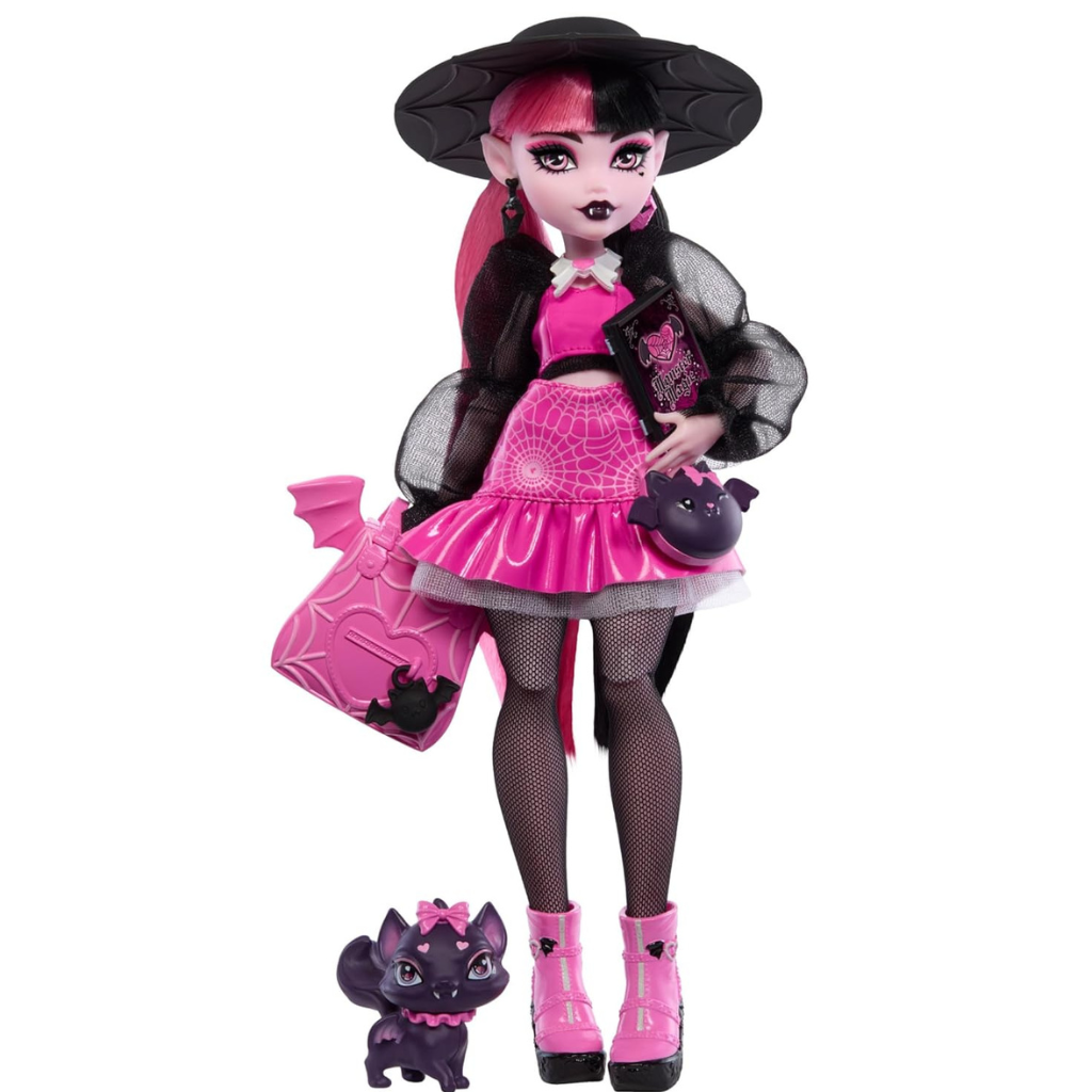 Monster High Draculaura Doll with Pet Bat-Cat Count Fabulous and Accessories Like Backpack, Spell Book, Bento Box and More