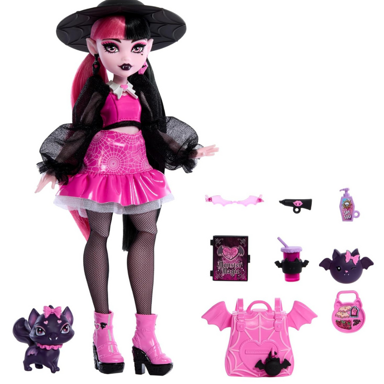Monster High Draculaura Doll with Pet Bat-Cat Count Fabulous and Accessories Like Backpack, Spell Book, Bento Box and More