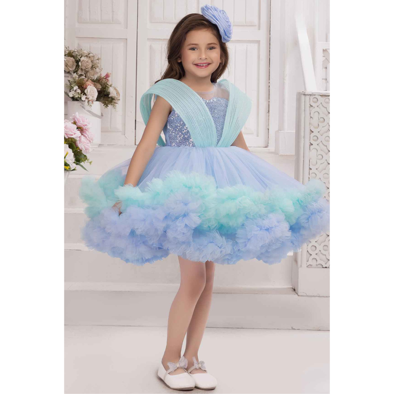 Blue Ruffle Party Frock with Sparkle Sequins Embellishment For Girls