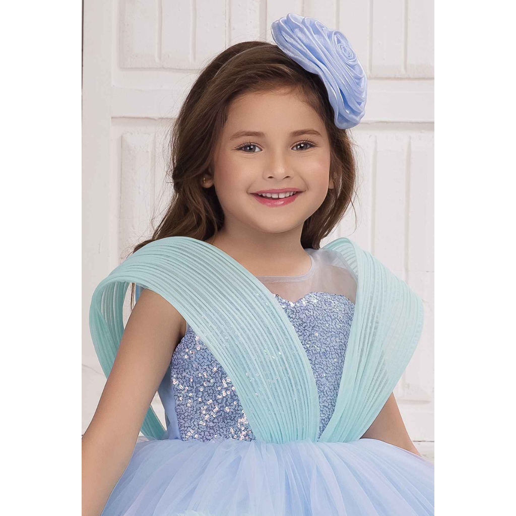 Blue Ruffle Party Frock with Sparkle Sequins Embellishment For Girls