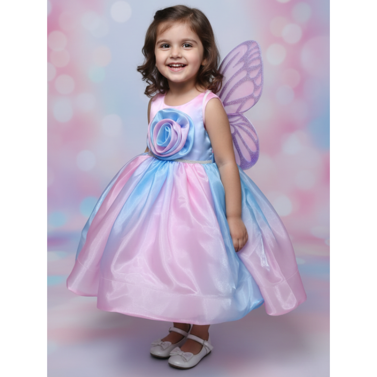 Pastel Fairy Princess Dress with Butterfly Wings for Baby Girls – Birthday Party & Photoshoot Gown