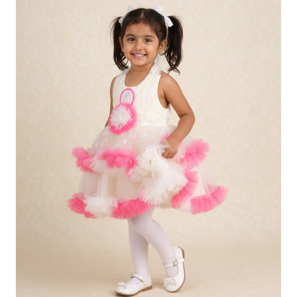 Girls' Enchanting Cream Tulle Party Dress with Vibrant Pink Ruffled Tiers and Floral Accents