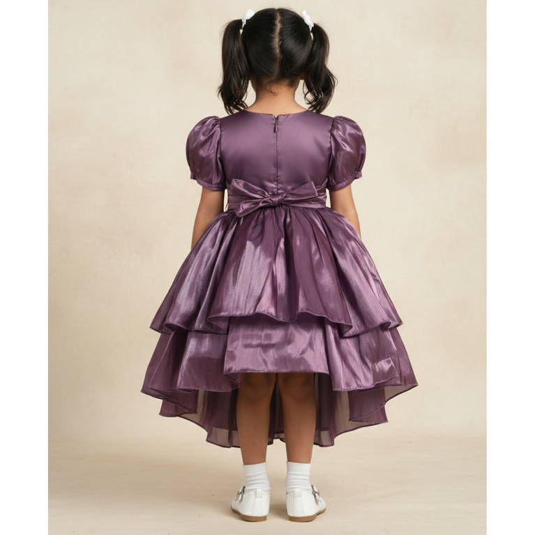 Girls' Mauve Satin High-Low Party Dress with Sequined Bodice and Tiered Ruffle Skirt