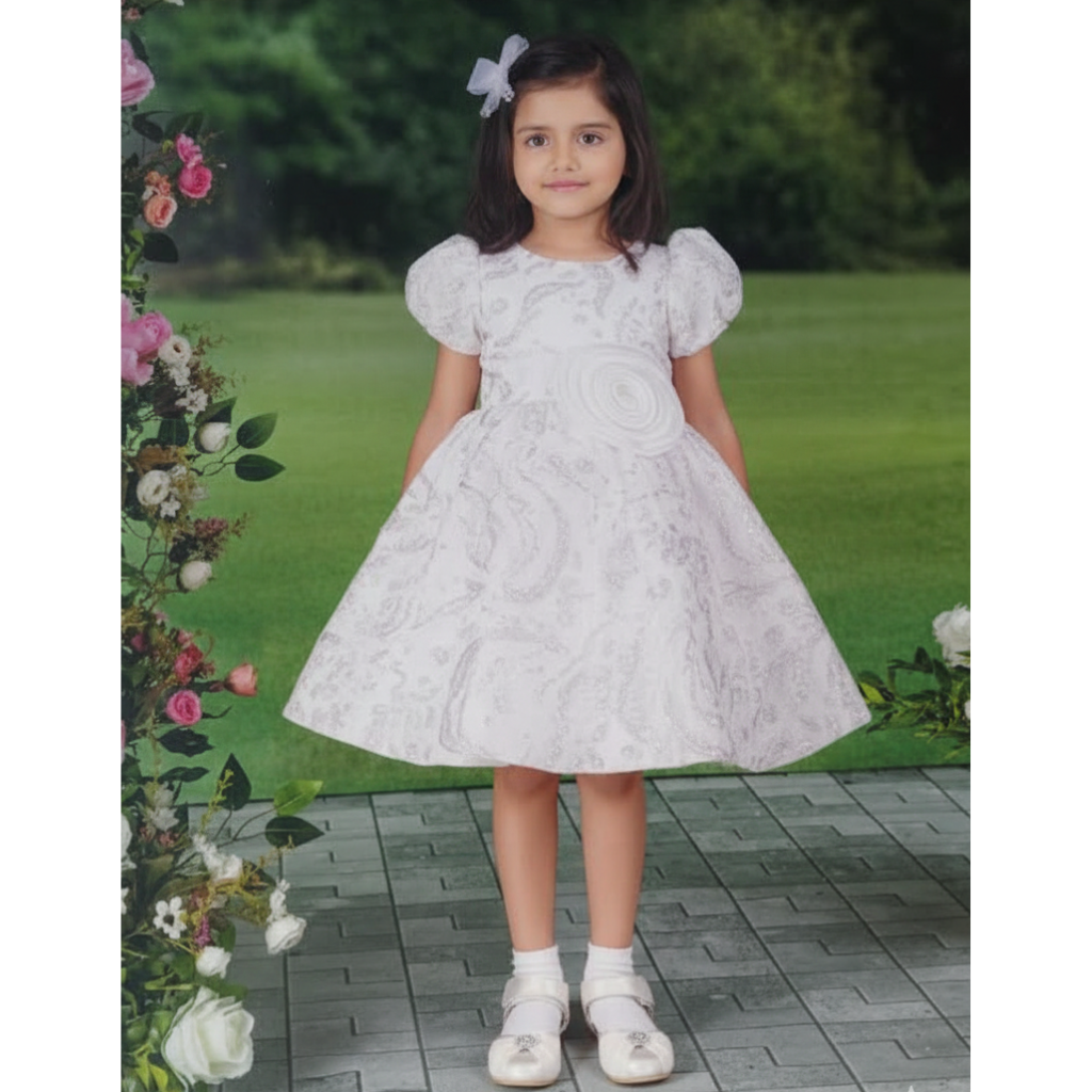 Girls' Sparkling Silver & White Damask Party Dress with Puff Sleeves and Floral Detail