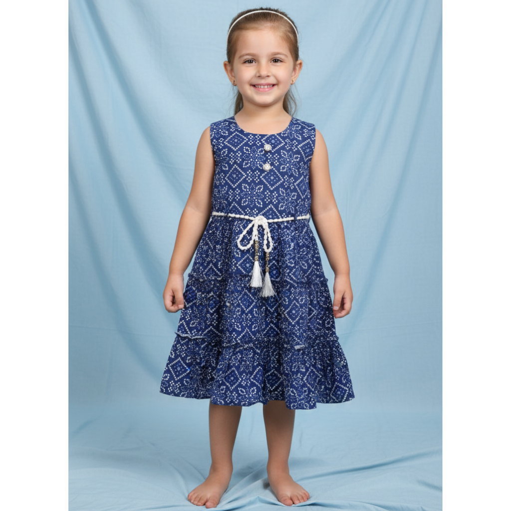 Girls' Indigo Blue Tiered Boho Dress – Sleeveless Geometric Print Sundress with Braided Tassel Belt