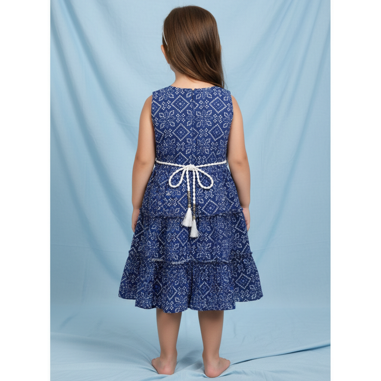 Girls' Indigo Blue Tiered Boho Dress – Sleeveless Geometric Print Sundress with Braided Tassel Belt