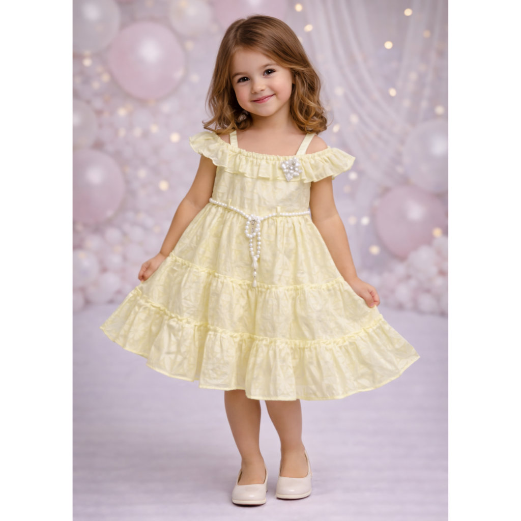 Toddler Girls' Ruffled Party frock – Cold-Shoulder Tiered Dress with Pearl Belt & Rhinestone Brooch