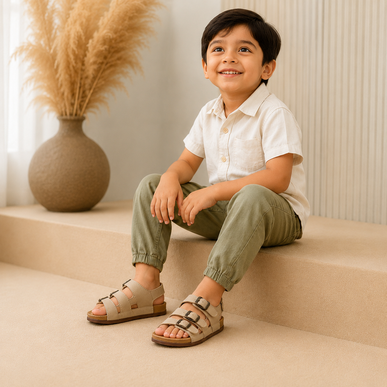 Kids Beige Triple Buckle Sandals | Comfortable Casual Summer Flats | Anti-Slip Lightweight Children's Sandals