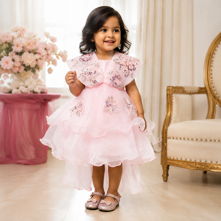 Blush Pink Floral Sequin High-Low Party Dress with Layered Ruffles