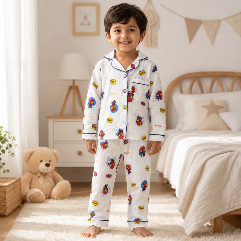 Spider-Man Print Cotton Night Suit Set with Full Sleeve Shirt &amp; Pyjama | White