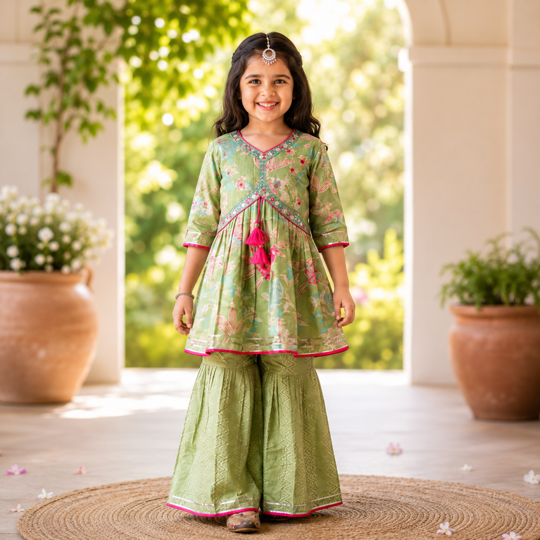 Floral Printed Kurta with Embroidered Sharara Set | Ethnic Festive Wear for Kids | Olive Green Traditional Outfit