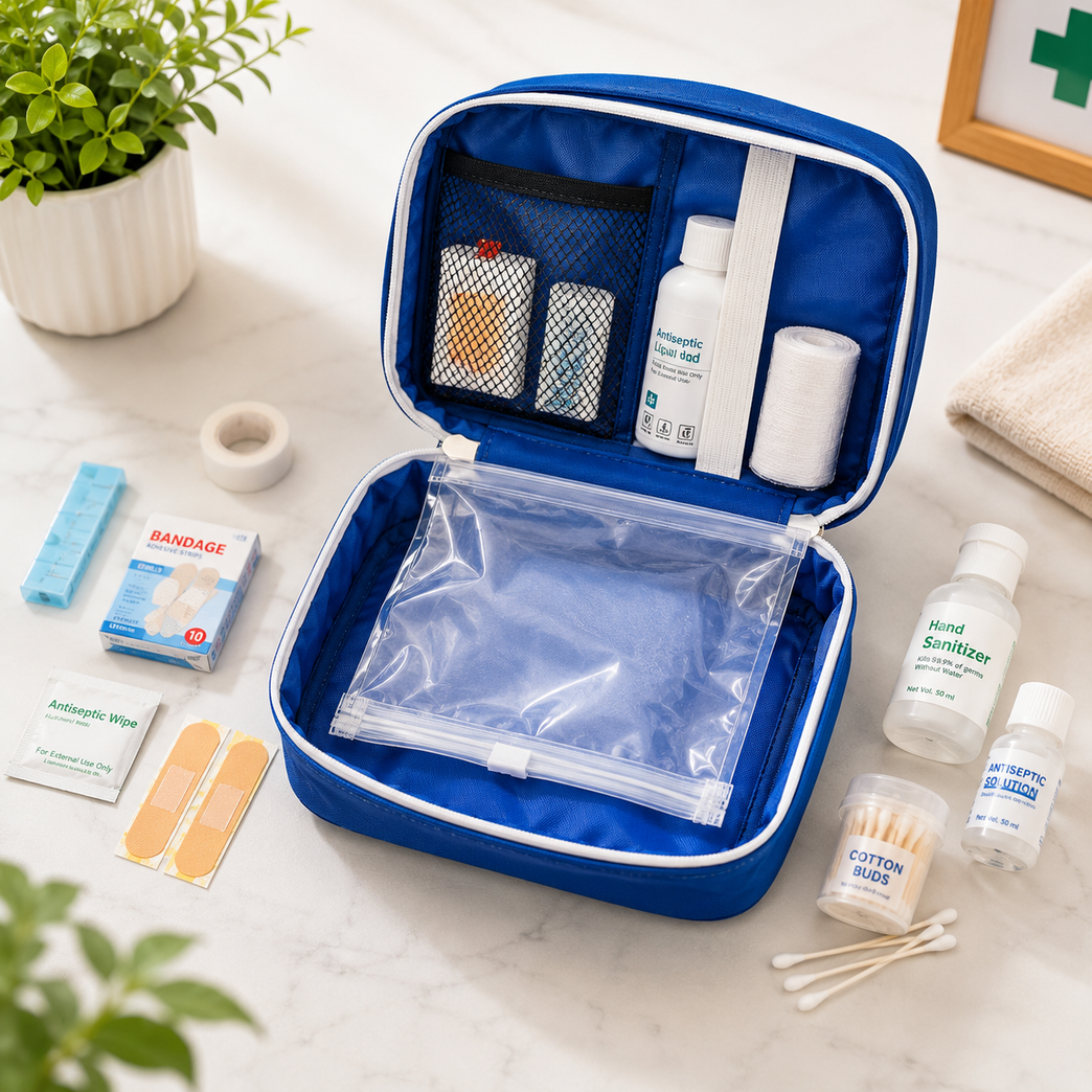 Portable First Aid Kit Empty Storage Bag | Waterproof Medical Organizer Case with Multiple Compartments | Travel, Home, Car &amp; Office Emergency Medicine Pouch (Grey/Blue)