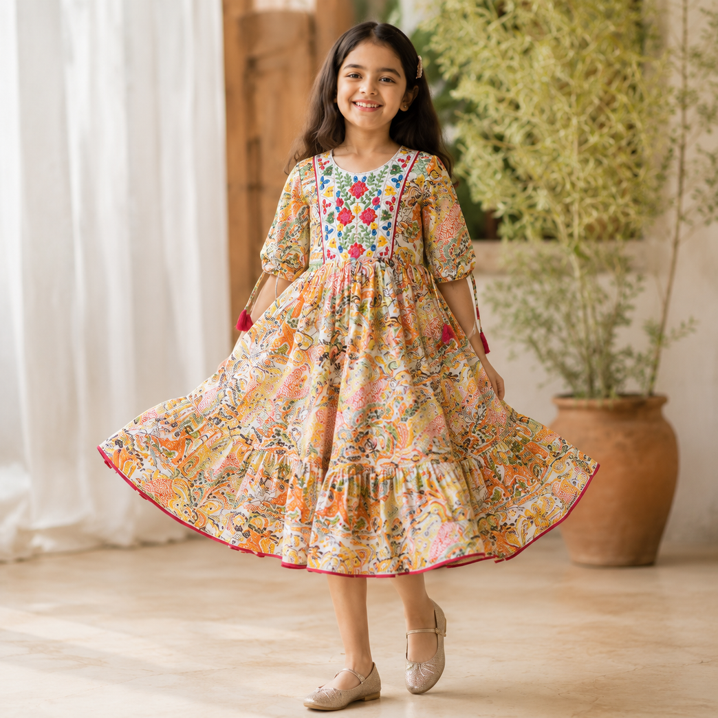 Floral Embroidered Printed Ethnic Maxi Dress with Tassel Sleeves | Festive &amp; Party Wear