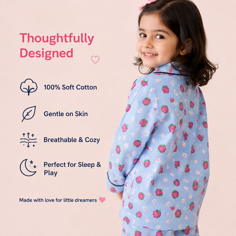 DOREME Girls Strawberry Print Cotton Night Suit Set | Soft Full Sleeve Kids Pyjama Set for Girls | Comfortable Sleepwear &amp; Loungewear