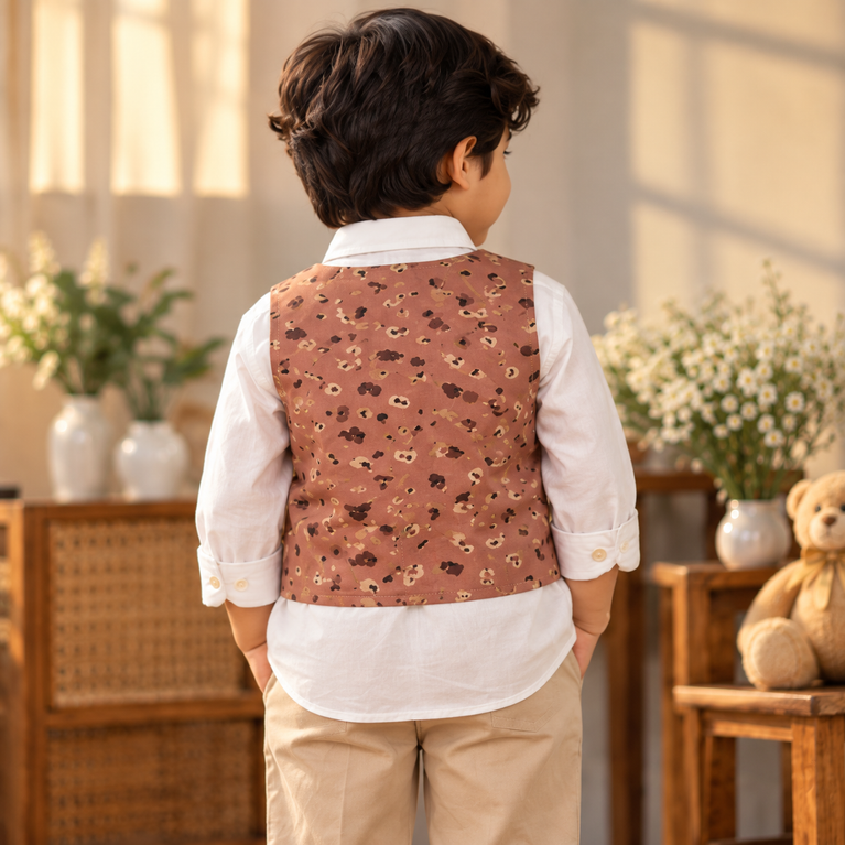 Printed Waistcoat, White Shirt & Beige Pants Set for Boys | Kids Party Outfit