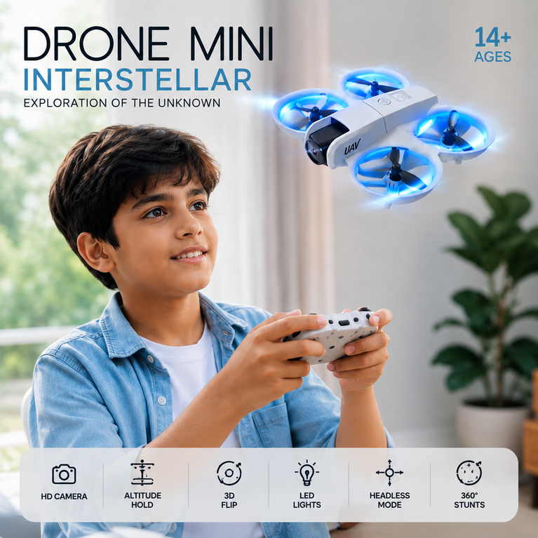 Mini Drone for Kids with HD Camera, LED Lights & 360° Stunts | Foldable RC Quadcopter | White