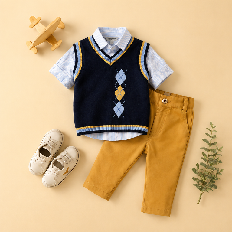 Navy Argyle Sweater Vest Set with Shirt & Trousers