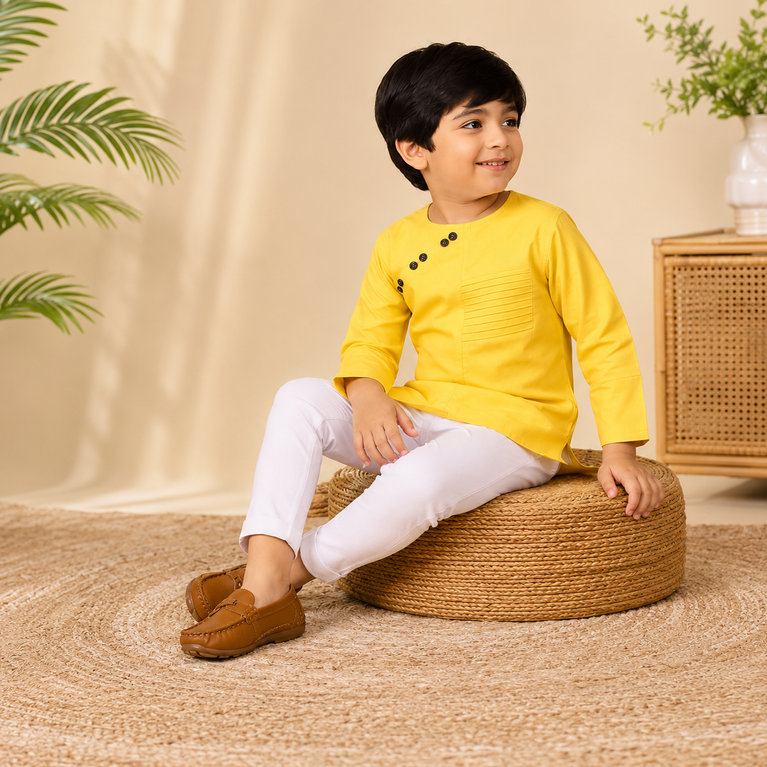 Ninos Boys Cotton Full Sleeves Festive Multidesign Party Kurta Pyjama Set- Lemon
