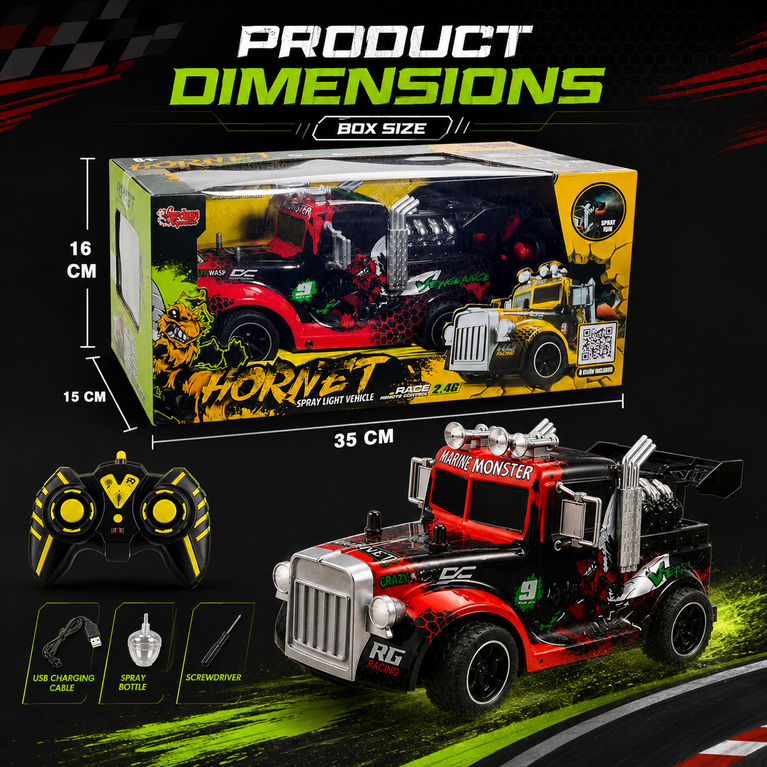 Hornet RC Spray Light Truck with 2.4GHz Remote Control, LED Lights &amp; Mist Spray – Rechargeable Racing Toy for Kids