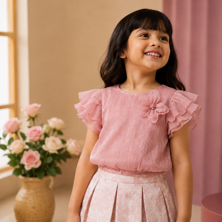 Dusty Rose Shimmer Ruffle Top & Floral Pleated Skirt Set