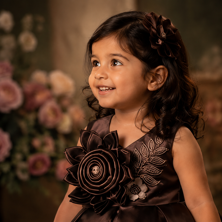 Chocolate Brown Satin Floral Party Dress