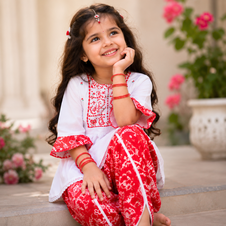 White Embroidered Peplum Kurti with Red Dhoti Pants Set | Kids Ethnic Festive Wear | Traditional Co-ord Outfit