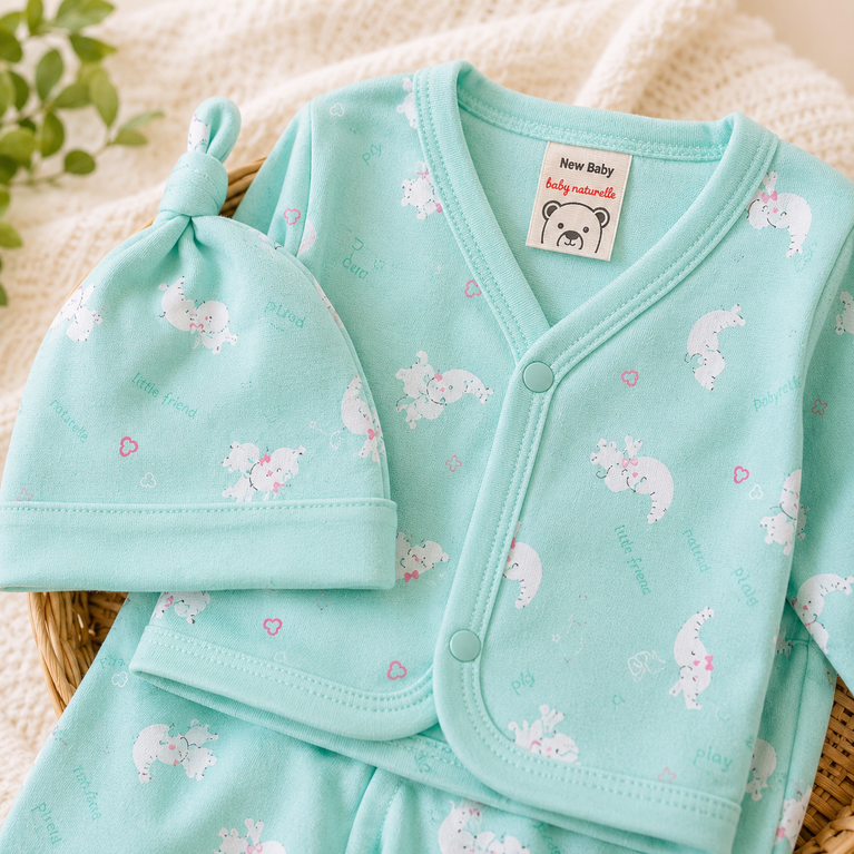 Newborn Baby Cotton Bunny Print Clothing Set with Cap | Full Sleeve Front-Button Top & Pants | Soft & Gentle Baby Wear (3-Piece)