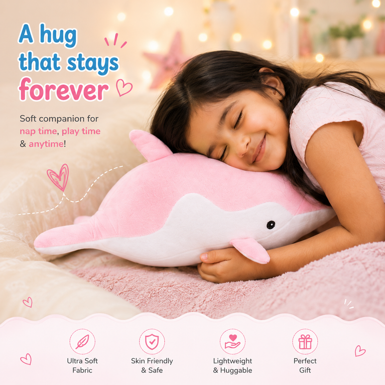 Nino’s Soft Pink Dolphin Plush Toy – Ultra-Cuddly Ocean Animal Stuffed Pillow for Kids