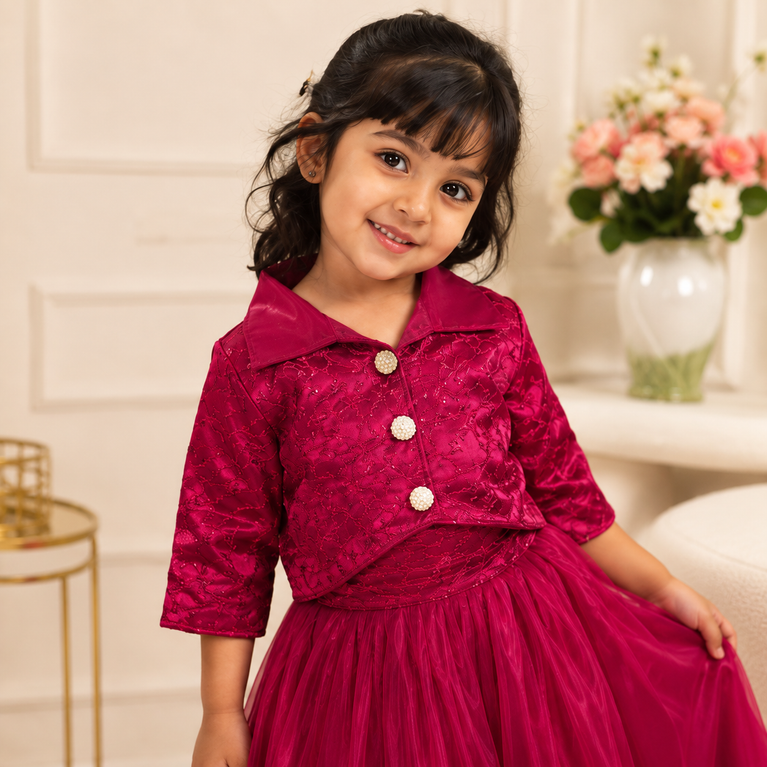 Fuchsia Pink Party Wear Lehenga Choli with Jacket & Net Dupatta | Designer Princess Outfit