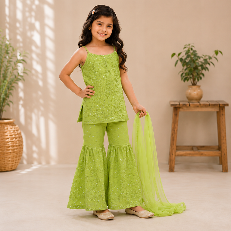 Embroidered Sharara Set with Soft Dupatta | Ethnic Party Wear | Festive Outfit for Kids