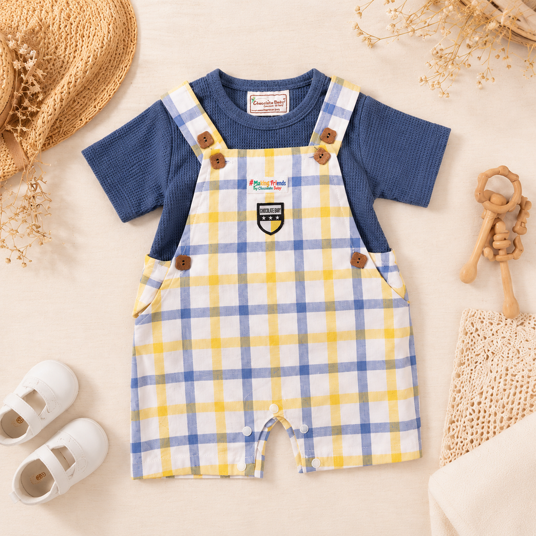 Blue & Yellow Checked Baby Dungaree Romper Set with Textured Tee | Soft Cotton Summer Outfit for Boys