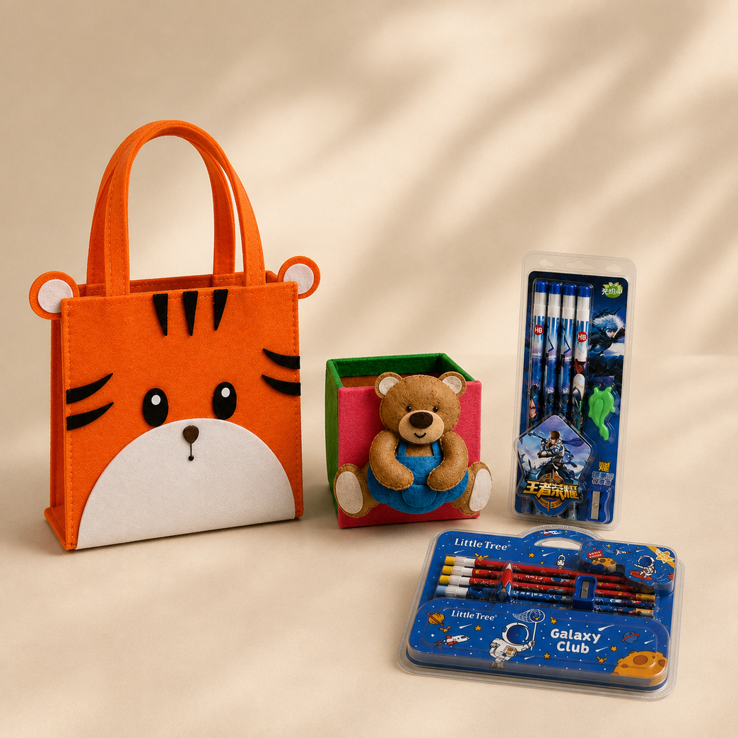 Kids School Essentials Bundle | Tiger Tote Bag, Teddy Organizer & Stationery Set