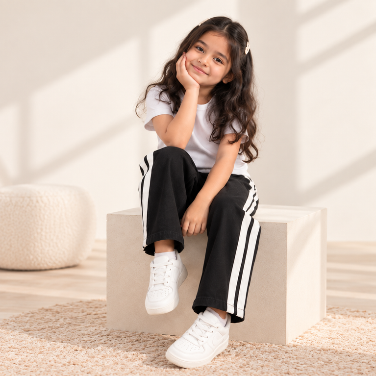 Black Wide-Leg Jeans for Girls with Side Stripes
