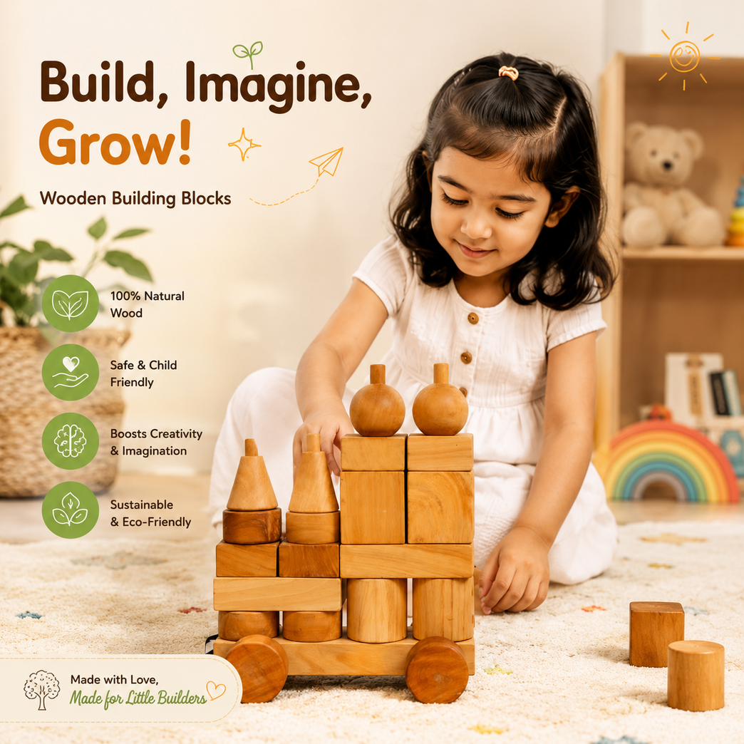 Premium Wooden Building Blocks Pull Cart Toy for Kids | Natural Montessori Learning Toy