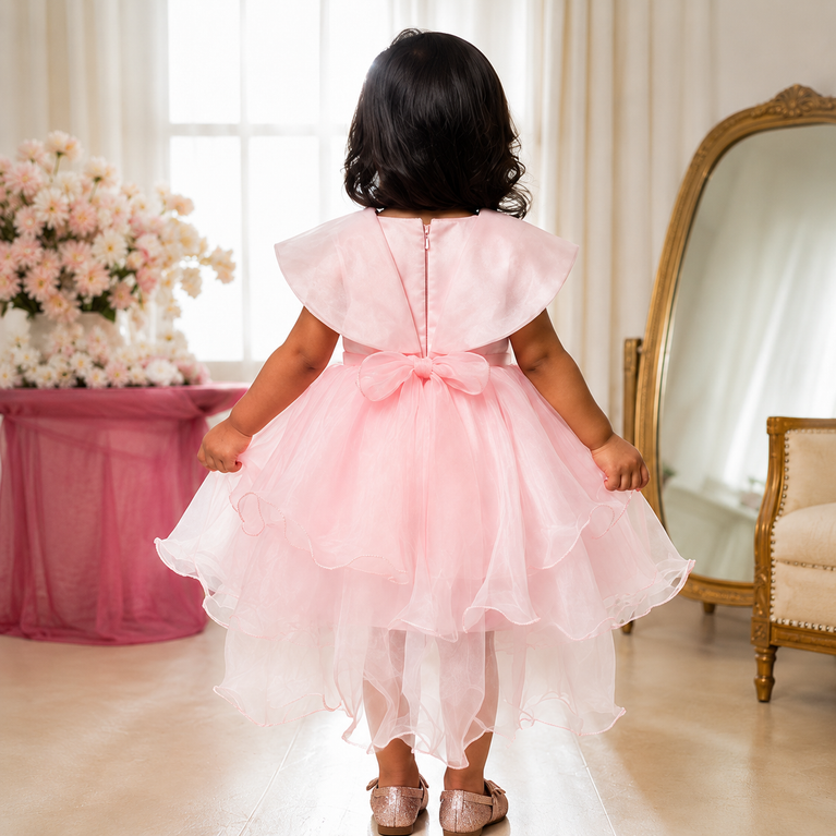 Blush Pink Floral Sequin High-Low Party Dress with Layered Ruffles