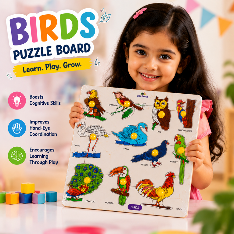 Wooden Birds Puzzle Board for Kids | Bird Identification & Montessori Educational Learning Toy