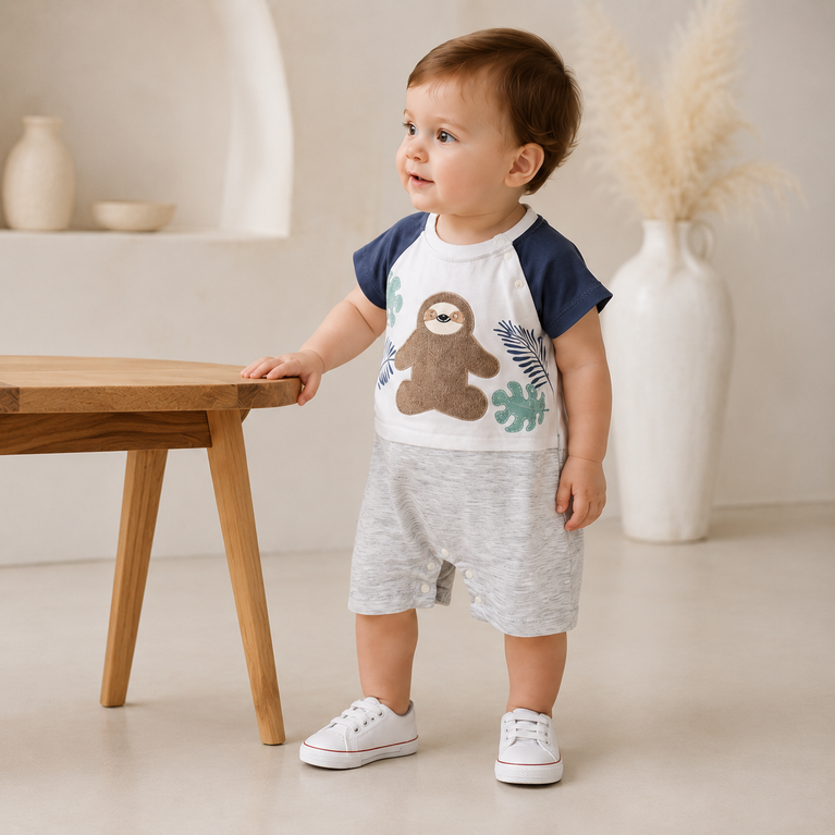 Sloth Print Baby Romper for Boys & Girls | Soft Cotton Summer Onesie with Half Sleeves | Newborn & Infant Casual Wear